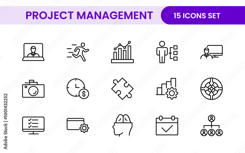 Poster project management web icons in line style. outline icon collection related to schedule, human resou