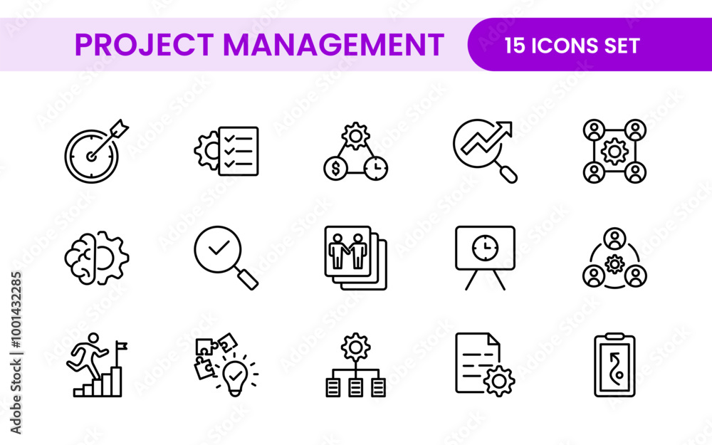 Poster project management web icons in line style. outline icon collection related to schedule, human resou