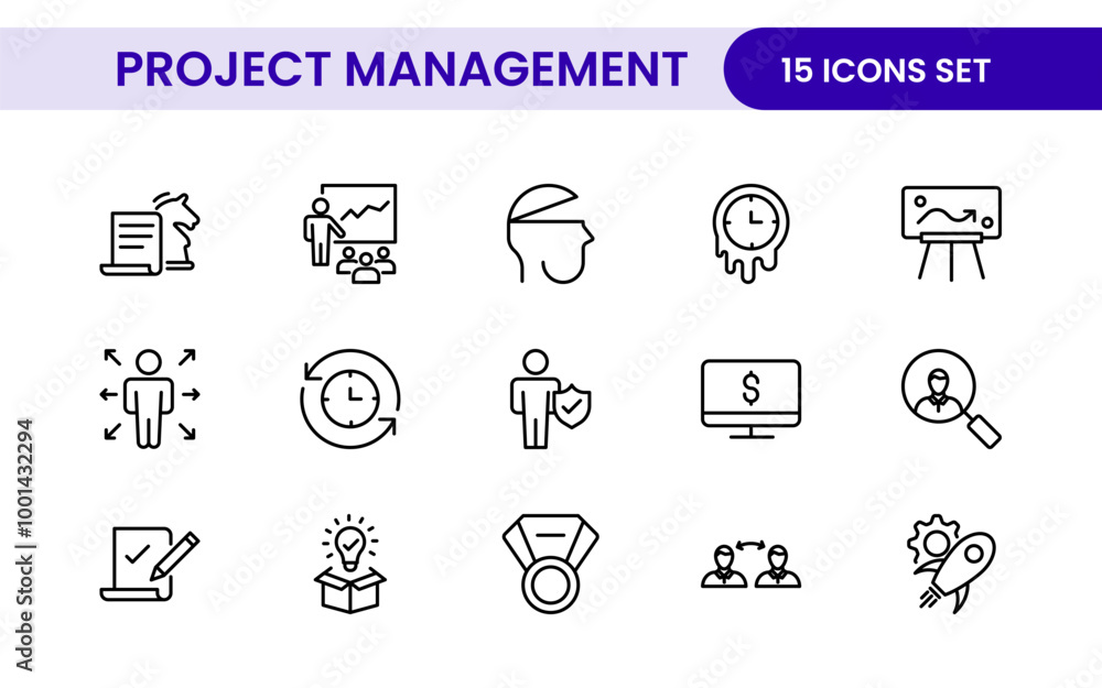 Poster project management web icons in line style. outline icon collection related to schedule, human resou