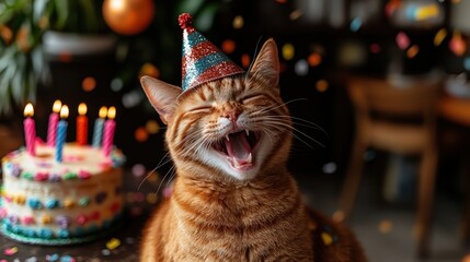 A ginger cat wearing a festive hat opens its mouth wide in a joyous birthday celebration, with a delicious cake and colorful confetti adding to the celebratory atmosphere.