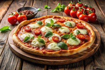 Freshly baked, cheesy pizza with melted mozzarella, savory tomato sauce, and various toppings, served hot on a circular plate with a rustic wooden background.