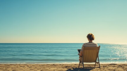 Fototapeta premium Woman Working Remotely by the Beach in a Relaxing Setting