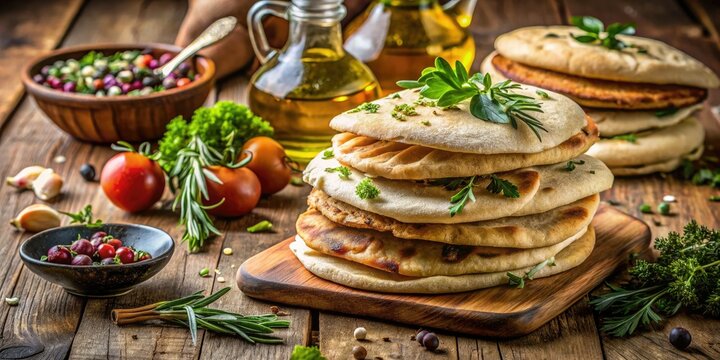 Freshly baked crusty pitas piled high on a rustic wooden table, surrounded by olive oil, herbs, and Mediterranean-inspired ingredients, evoking a sense of warmth and comfort.