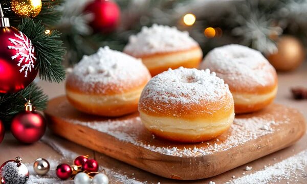Donuts with powdered sugar on a wooden board, cozy winter setting