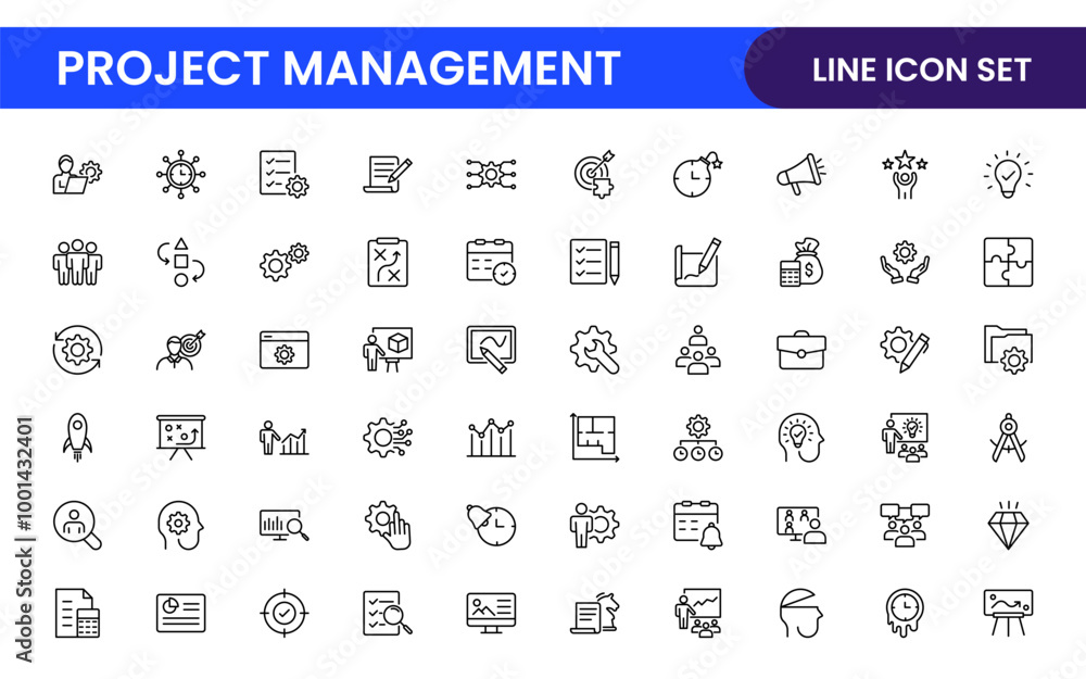 Poster project management web icons in line style. outline icon collection related to schedule, human resou