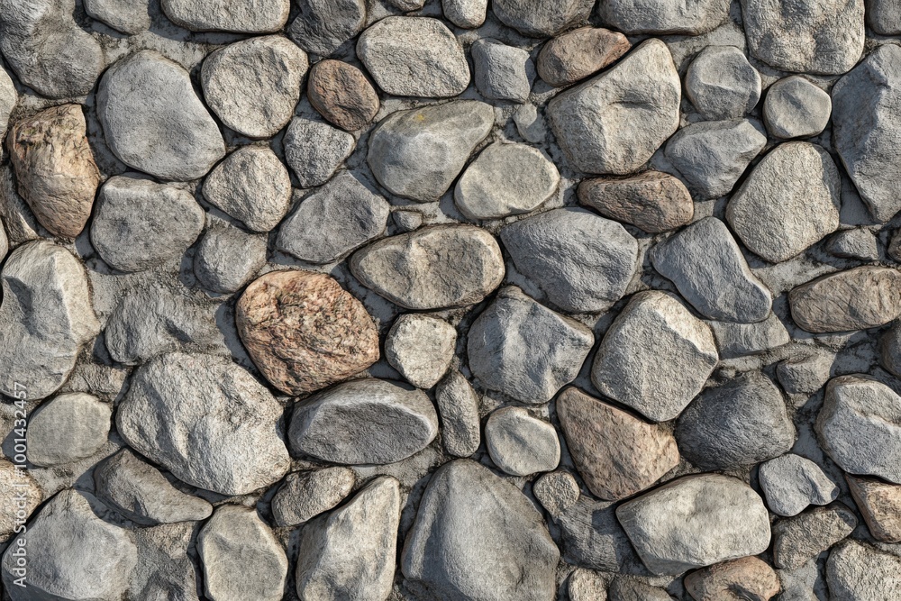 Poster texture of a smooth gray stone wall with uniform rounded rocks arranged in straight rows