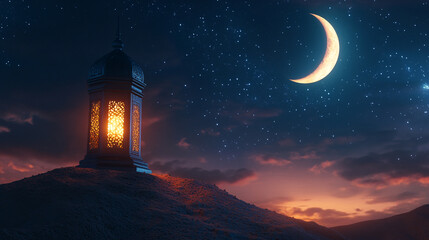 Fototapeta premium Ramadan background, with ample copy space for text and graphics, a lantern, and a dark theme.