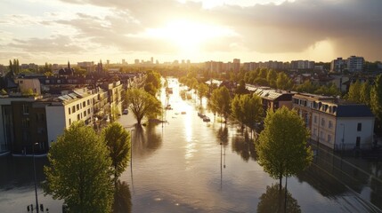 Fototapeta premium A city preparing for climate crisis, with flood barriers being erected, people planting trees, and solar panels being installed on rooftops. The contrast between preparation