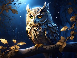 An owl is sitting on a branch with mountains in the background.