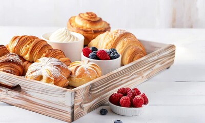 Assorted Danish pastries on a tray, breakfast spread - Powered by Adobe