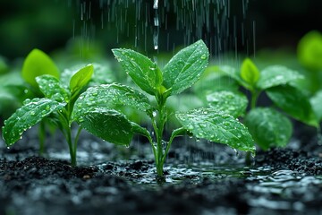 A group of plants are being watered