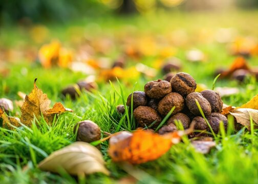 Freshly deposited brown pile of dog feces on a green lawn, surrounded by blades of grass, with a few scattered leaves and a blurred background.