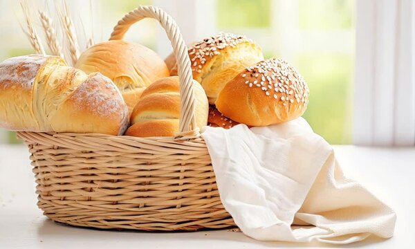 Assorted bread rolls in a basket, farmhouse kitchen