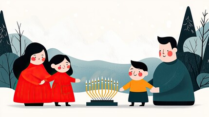 A family celebrates together around a menorah during winter, emphasizing warmth, togetherness, and holiday joy.