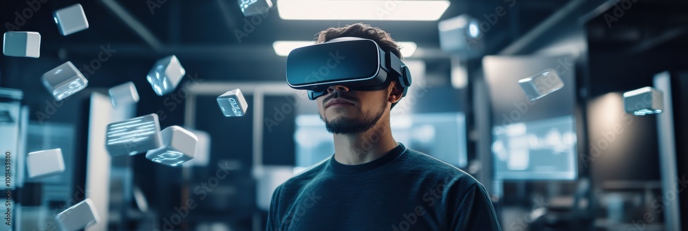 Poster a virtual reality designer explores innovative 3d concepts in a modern studio filled with floating d