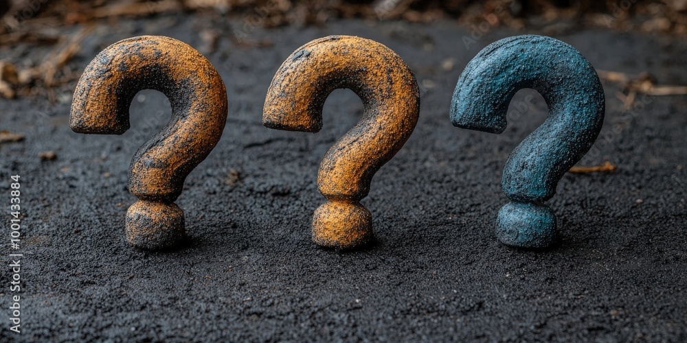 Poster Three painted question marks stand in a row on dark ground, symbolizing the multitude of unknowns we face.