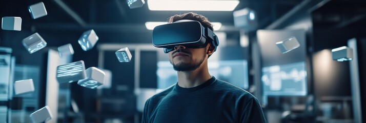 A virtual reality designer explores innovative 3D concepts in a modern studio filled with floating digital elements. Generative AI