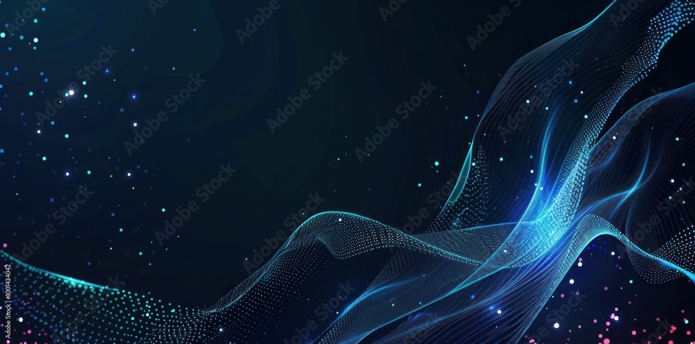 Poster abstract blue wave background with glowing particles and light trails, creating a dynamic and futuri