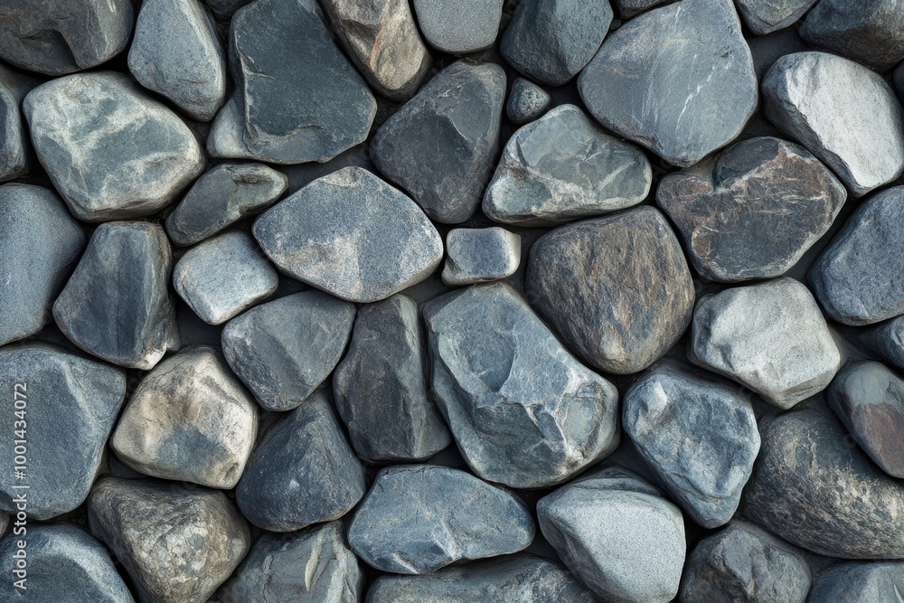 Poster texture of a smooth gray stone wall with uniform rounded rocks arranged in straight rows