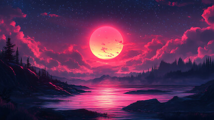 A beautiful pink and purple sky with a large red moon.