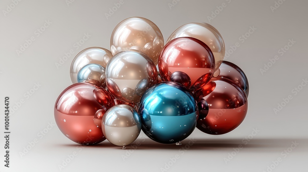 Poster a cluster of metallic spheres with iridescent finishes, exhibiting captivating reflections of light 