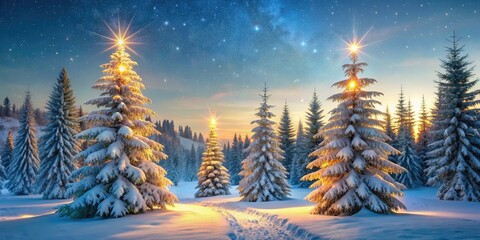 Naklejka premium Frosted evergreen trees stand tall amidst gently falling snowflakes, casting a serene winter wonderland atmosphere in the calm, misty morning light of December.