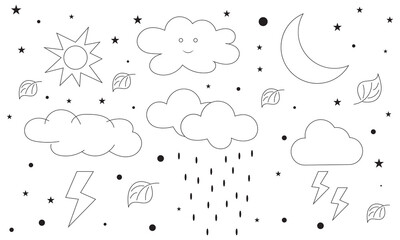 Set of hand drawing weather. cute kawaii clouds, sun, moon in doodle style. Vector illustration isolated on white background. EPS 10