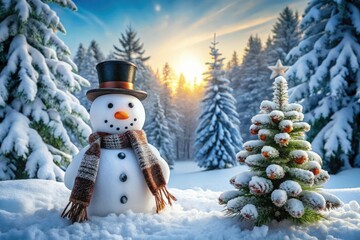 Obraz premium Frosted winter landscape featuring a jovial snowman adorned with a top hat, scarf, and carrot nose, standing amidst snow-covered evergreen trees and pinecones.