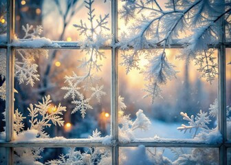 Frosted winter windowpane with delicate snowflakes and twisted branches, soft focus, and a muted color palette evoking a serene and peaceful January morning atmosphere.