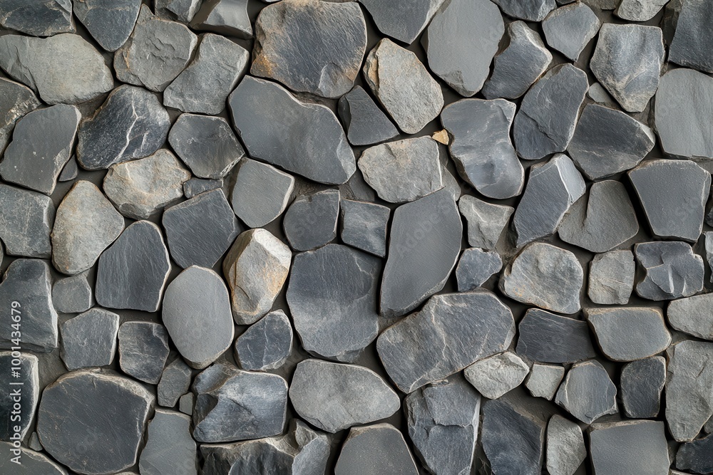 Poster texture of a smooth gray stone wall with uniform rounded rocks arranged in straight rows