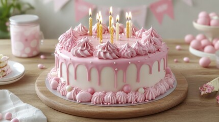 A festive pink cake with dripping frosting and colorful sprinkles, adorned with lit candles and a wooden base.