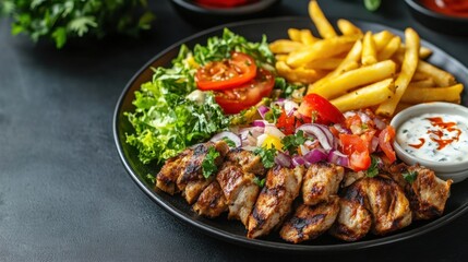 Fototapeta premium Freshly prepared shawarma with fries and a crisp salad on a plate, a perfect balance of flavors.