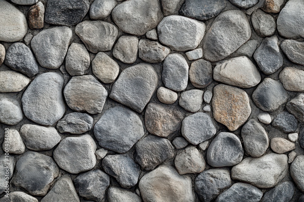 Poster texture of a smooth gray stone wall with uniform rounded rocks arranged in straight rows