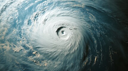 A satellite view of a massive hurricane swirling over the ocean, heading towards a densely populated coastline. The eye of the storm is clearly visible as it churns through the water