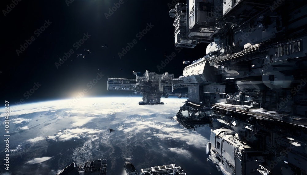 Poster a massive space station orbits earth, illuminated by a stunning sunrise. the serene view of earth fr