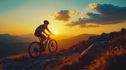 Fototapeta premium A woman is riding a bike on a mountain trail at sunset