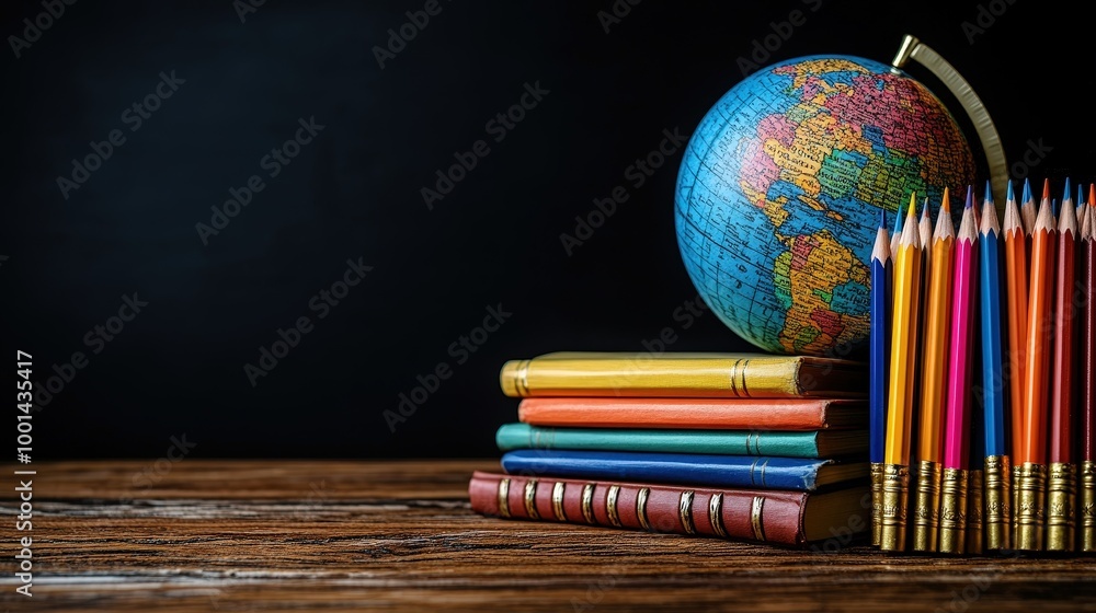 Leinwandbilder a stack of colorful books with a globe and pencils resting on a wooden table