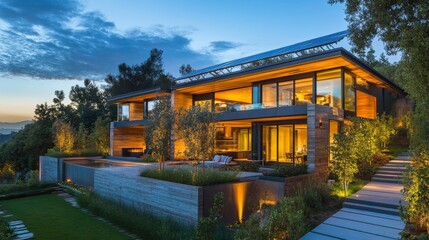 Obraz premium A smart home designed for energy efficiency, with automated lights, solar panels, and wind energy powering everything. The home is sleek, modern, and completely eco-friendly