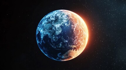 Obraz premium A time-lapse of Earth over decades, showing ice caps melting, deserts expanding, and lush areas becoming arid due to global temperature rise. The planet is shown heating from blue to red