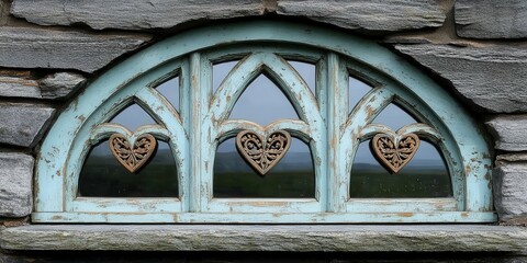 A weathered, arched window with three ornate heart-shaped designs set in the center of each pane, framed by a stone wall.