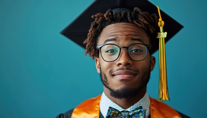Young male graduate in a cap and gown, wearing glasses and smiling confidently in front of a teal background.
