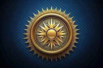 Fototapeta premium Golden circular emblem with bold, metallic-edged starburst pattern and bold, centered icon, symbolizing unity, power, and protection, set against a dark, gradient blue background.