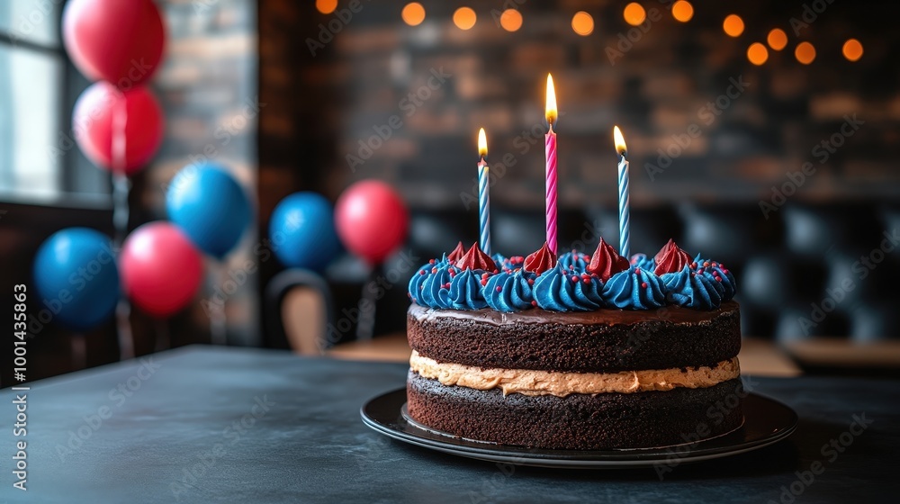 Poster a layered chocolate cake with blue frosting and lit candles, resting on a black table with a blurred