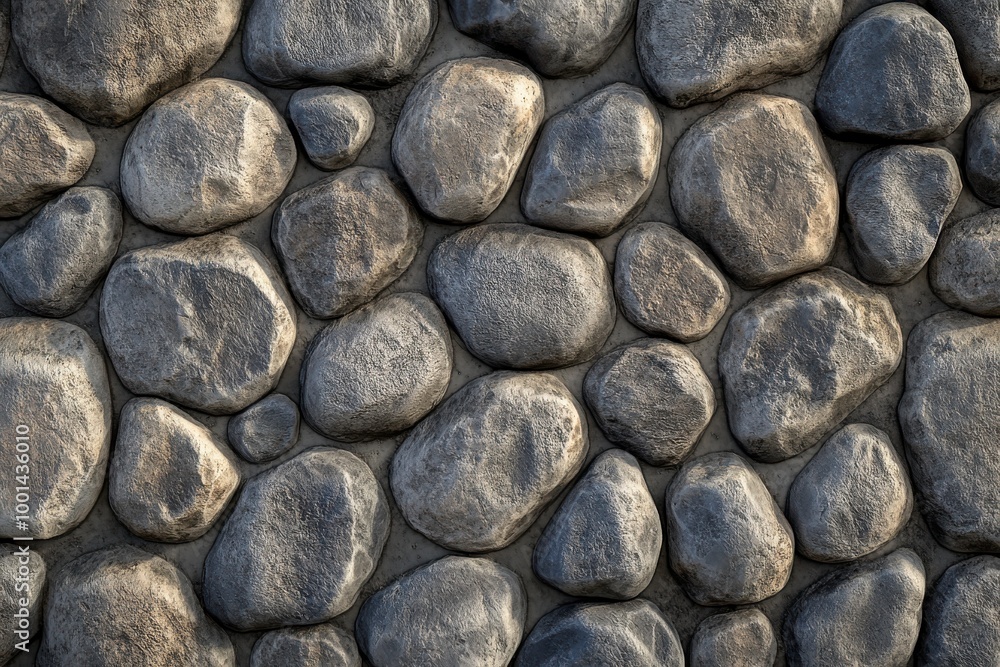 Poster texture of a smooth gray stone wall with uniform rounded rocks arranged in straight rows