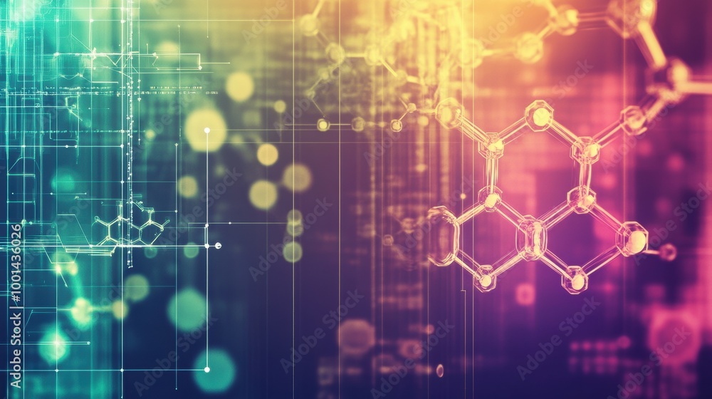 Poster abstract depiction of molecular structures and chemical bonds in vibrant colors illustrating scienti