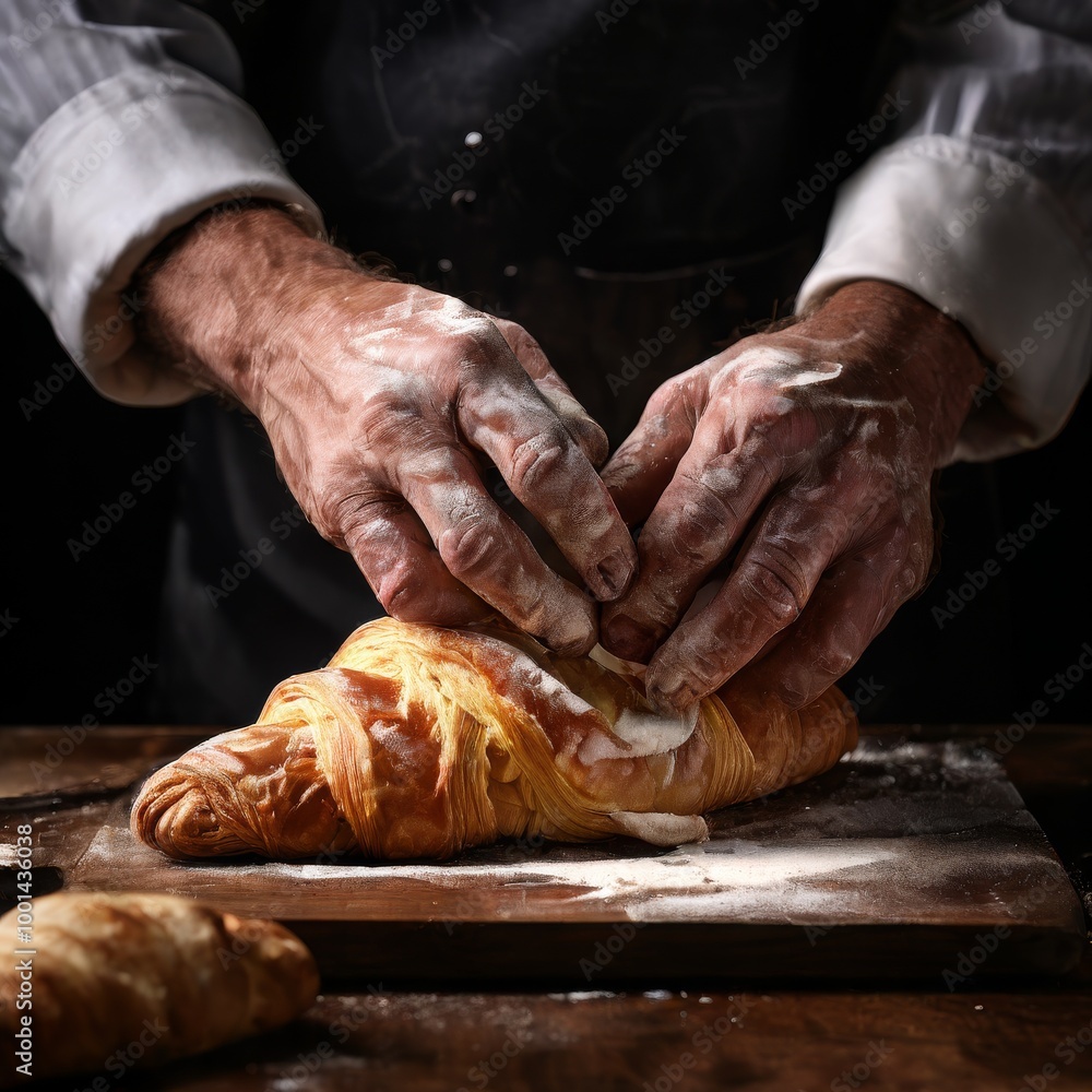 Poster close-up of a baker's hands working with croissant dough on a wooden board. the flour-dusted hands a