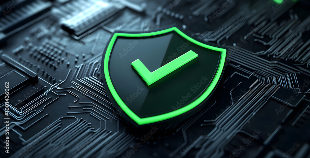 Poster digital security shield with green checkmark on circuit board