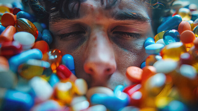 Close-up of a person's face submerged in a pile of colorful pills, conveying themes of addiction, mental health, or medical treatment with a surreal and intense visual impact