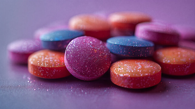 Close-up of colorful, glitter-covered tablets on a soft purple background, giving a dreamy, surreal, and playful appearance, resembling candy or artistic representations of pills