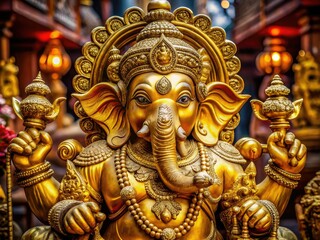 Golden-hued intricately carved figurine of Ganesh, god of strength, wisdom and spiritual enlightenment.